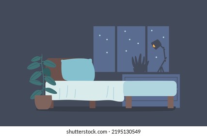 Bedroom Interior, Dark Empty Room with Bed, Window, Night Table, Lamp and Potted Plants. Comfortable Place for Relaxation and Sleeping. Hotel or Domestic Bedroom. Cartoon Vector Illustration
