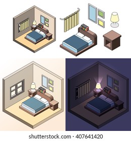 Bedroom Interior day and night with stroke