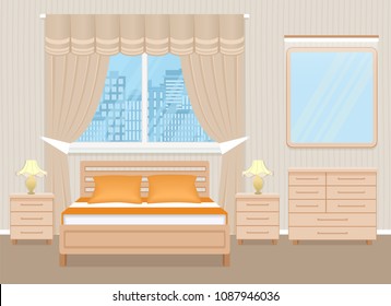 Bedroom interior design with bed, bedside tables, chest of drawers and mirror. Domestic room design in light beige colors.