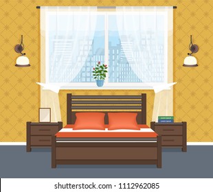 Bedroom interior design with bed, bedside tables, wall lamps and window. Domestic room design.
