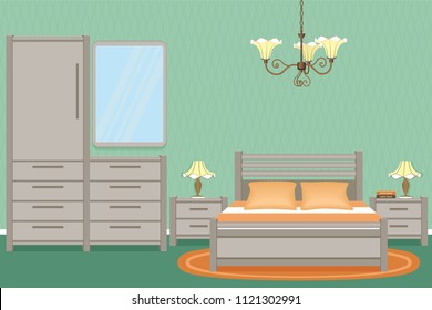Bedroom interior design with bed, bedside tables, wall lamps and bedroom furniture. Domestic room design.