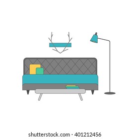 Bedroom interior design concept. Flat design, bright colors. Vector stock illustration