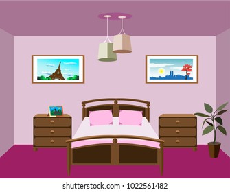 Bedroom interior design with couch, nightstands and flowerpot. Funny style furniture set. Vector illustration.