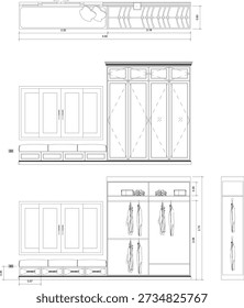 Desenho de design de interiores do quarto com guarda-roupa embutido e sofá de janela