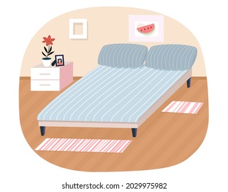 Bedroom interior design flat vector restroom. Comfortable bed and commode. Arrangement of furniture, layout of premises in apartment. Furniture equipment of living room, contemporary bedstead