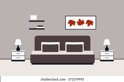 Bedroom interior design with furniture: bed, bedside table, lamps. Flat style vector illustration.