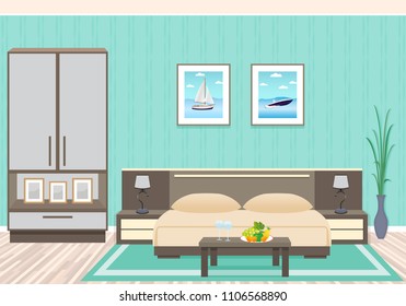 Bedroom interior design with furniture including bed, bedside tables, houseplant and pictures on the wall. Domestic room interior with fruits and stemware on the table. Vector illustration.