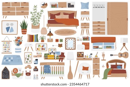 Mobiliario de diseño interior de dormitorio. Colección de estilo moderno de mediados del siglo XX que incluye guardería, cuarto de clase media y sala principal. Decoración de casa gigante. Objetos domésticos. Gran etiqueta de vector plano dibujado a mano