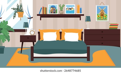 Bedroom interior design with furniture. Vector illustration in flat style.