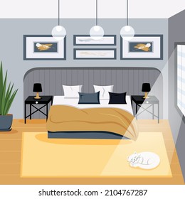 Bedroom interior design in gray-yellow tones. Vector illustration in flat style.
