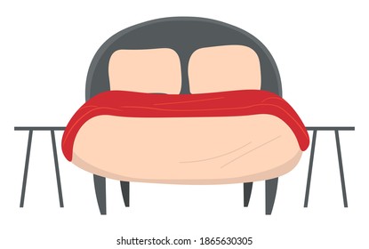 Bedroom interior design illustration. Bed with pillows and bedside tables. Bedroom at the hotel. Home furniture front view isolated on white. Double bad covered with a red veil, tabouret on the sides