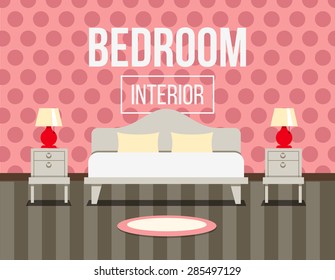 Bedroom interior design illustration. Bed with bedside tables and night lamps. The interior of the bedroom or the apartment. Bedroom at the hotel.