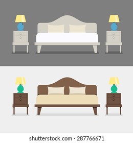 Bedroom interior design illustration. Bed with bedside tables and night lamps. The interior of the bedroom or the apartment. Bedroom at the hotel.