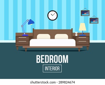 Bedroom interior design illustration. Bed with bedside tables and night lamps. The interior of the bedroom or the apartment. Bedroom at the hotel.