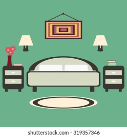 Bedroom interior design illustration. Bed with bedside tables and night lamps. The interior of the bedroom or the apartment. Bedroom at the hotel.