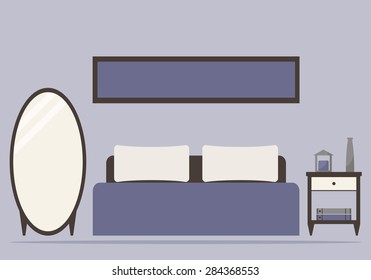 Bedroom interior design. Modern bedroom furniture with bed, mirror and nightstand. Flat style vector illustration. 