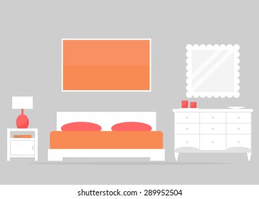 Bedroom interior design. Modern bedroom furniture: bed, chest of drawer, nightstand. White furniture on grey background. Flat style vector illustration.