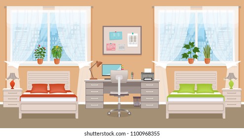 Bedroom interior design with two beds, table, desktop computer and window. Boy and girl bedroom. Domestic room design in light beige colors. Vector illustration of sleeping room.