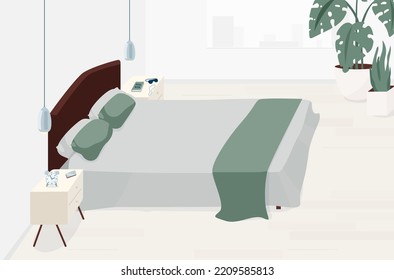 Bedroom interior design vector illustration in minimal modern flat style. Light scandinavian room with big bed, bedside tables, lamps, plants.