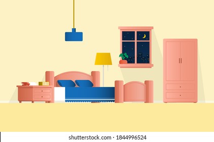 Bedroom interior design with window and plant in room.vector and illustration.