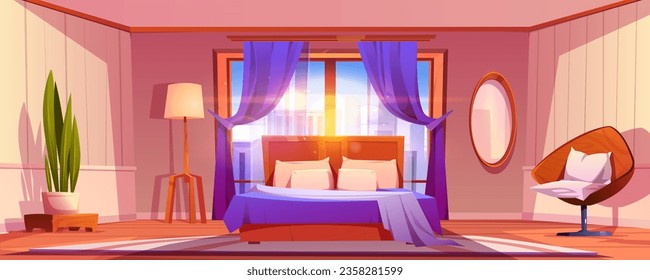 Bedroom interior with double bed. Cartoon cozy room filled with sunlight for sleeping and relaxing with city outside large window with curtains, wooden furniture, mirror on wall, floor lamp and plant.