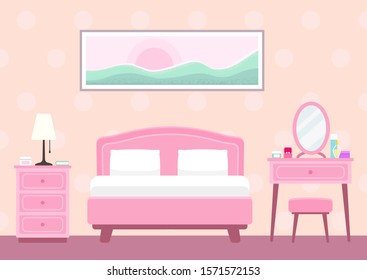 Bedroom Interior With Double Bed, Nightstand, Dresser Furniture And Painting. Vector Flat Illustration