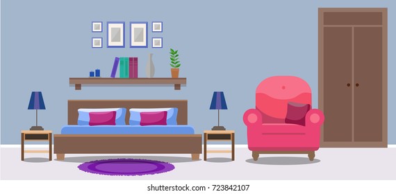 Bedroom Interior Double Bed Tables Chair Stock Vector (Royalty Free ...