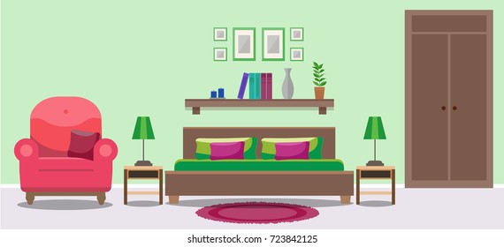 Bedroom interior with double bed, tables, a chair, a wardrobe. Flat style vector illustration, design template