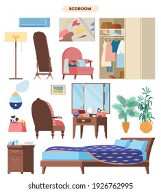 Bedroom Interior Elements Flat Vector Set. Wooden Furniture, Bed, Nightstand, Dressing Table, Armchair, Wardrobe, Cosmetic Bag, Floor Mirror, Сonditioner, Humidifier, Plants, Paintings.