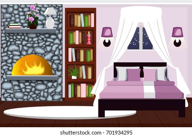 Bedroom interior with fireplace. Comfortable room, winter night. cartoon. Vector.