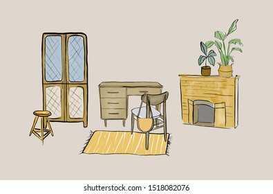 Bedroom interior with fireplace, desk, potted flowers, carpet, wardrobe, Watercolor sketches cozy apartment. 