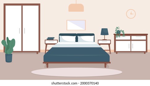 Bedroom interior flat color vector illustration. Cozy living room. Residential lifestyle. Double sized bed. Household room with furniture. Modern home 2D cartoon interior with furnishing on background