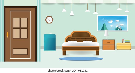 bedroom interior flat design relax that have door refrigerator blue cabinet, picture frame sky cloud landscape on mountain, in wall color soft green background. vector illustration