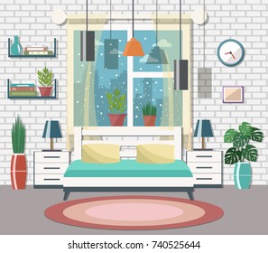 Bedroom interior. Flat design vector illustration.