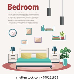 Bedroom interior. Flat design vector illustration.
