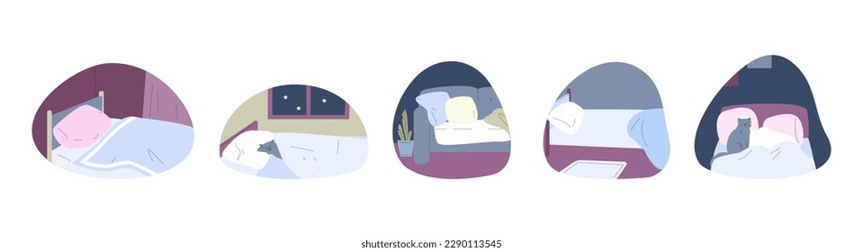 Bedroom interior flat scenes. Nighttime, cute cat sleep in bed. Kitten sitting on blanket, living room in apartment. Vector home location set