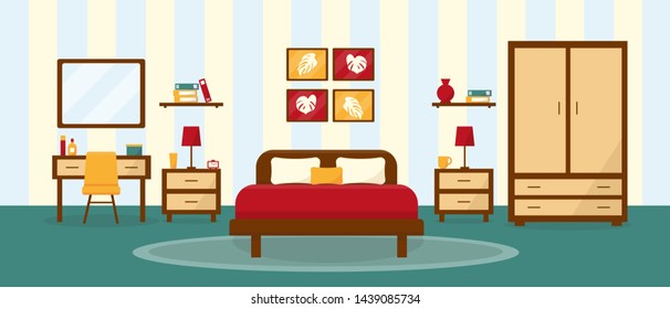 Bedroom interior in flat stile. Cozy room with furniture. Vector illustration.