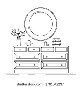 Bedroom interior in a flat style. Furniture for the bedroom and living room. Contemporary ladies' chest of drawers with flowers in a vase and a round wall mirror. Chest of drawers for girls. Vector.