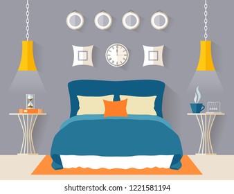 Bedroom interior in flat style. Modern minimalist room design. Vector illustration.