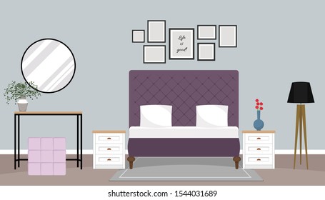 Bedroom interior, flat style, vector graphic design template. Modern, loft design of bedroom 
