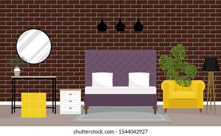 Bedroom interior, flat style, vector graphic design template. Loft design of bedroom 