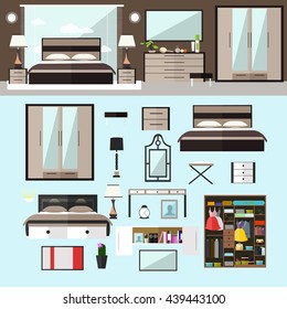 Bedroom interior in flat style. Vector illustration. House room design elements and icons.