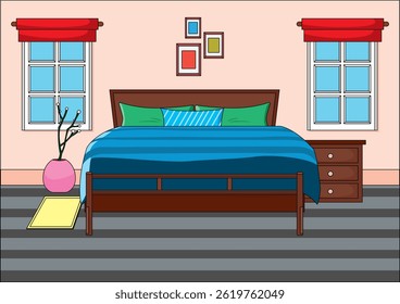 Bedroom Interior Front View Modern Sleeping Room With Furniture Vector