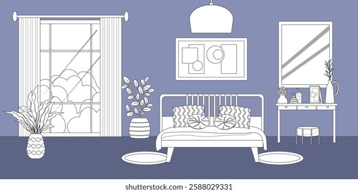 Bedroom interior. Furnished room with bed and window. Line sketch. Dressing table with mirror and pouf. Personal items on the table. Flowers in pots. Modern design. Vector illustration