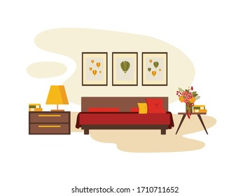 bedroom interior with furniture (bed, bedside table, floor lamp, books, flowers), flat vector illustration