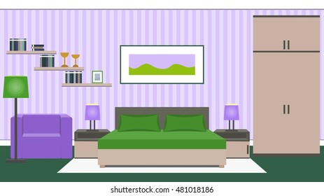 Bedroom interior with furniture - bed, bedside tables, wardrobe, armchair in green and violet colors. Vector illustration.