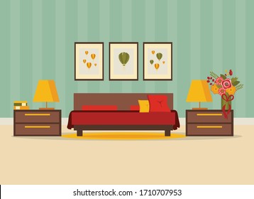 bedroom interior with furniture (bed, nightstand, floor lamp, books, flowers, carpet), flat vector illustration