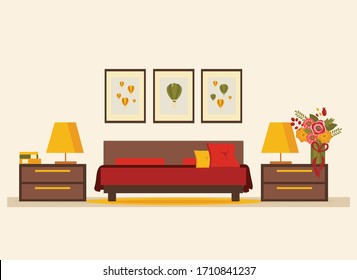 bedroom interior with furniture (bed, nightstand, floor lamp, books, flowers, carpet), flat vector illustration