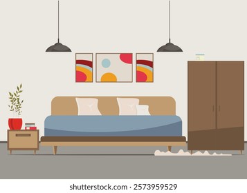 bedroom interior with furniture (bed, nightstand, floor lamp, books, flowers, carpet), flat vector illustration