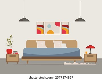 bedroom interior with furniture (bed, nightstand, floor lamp, books, flowers, carpet), flat vector illustration